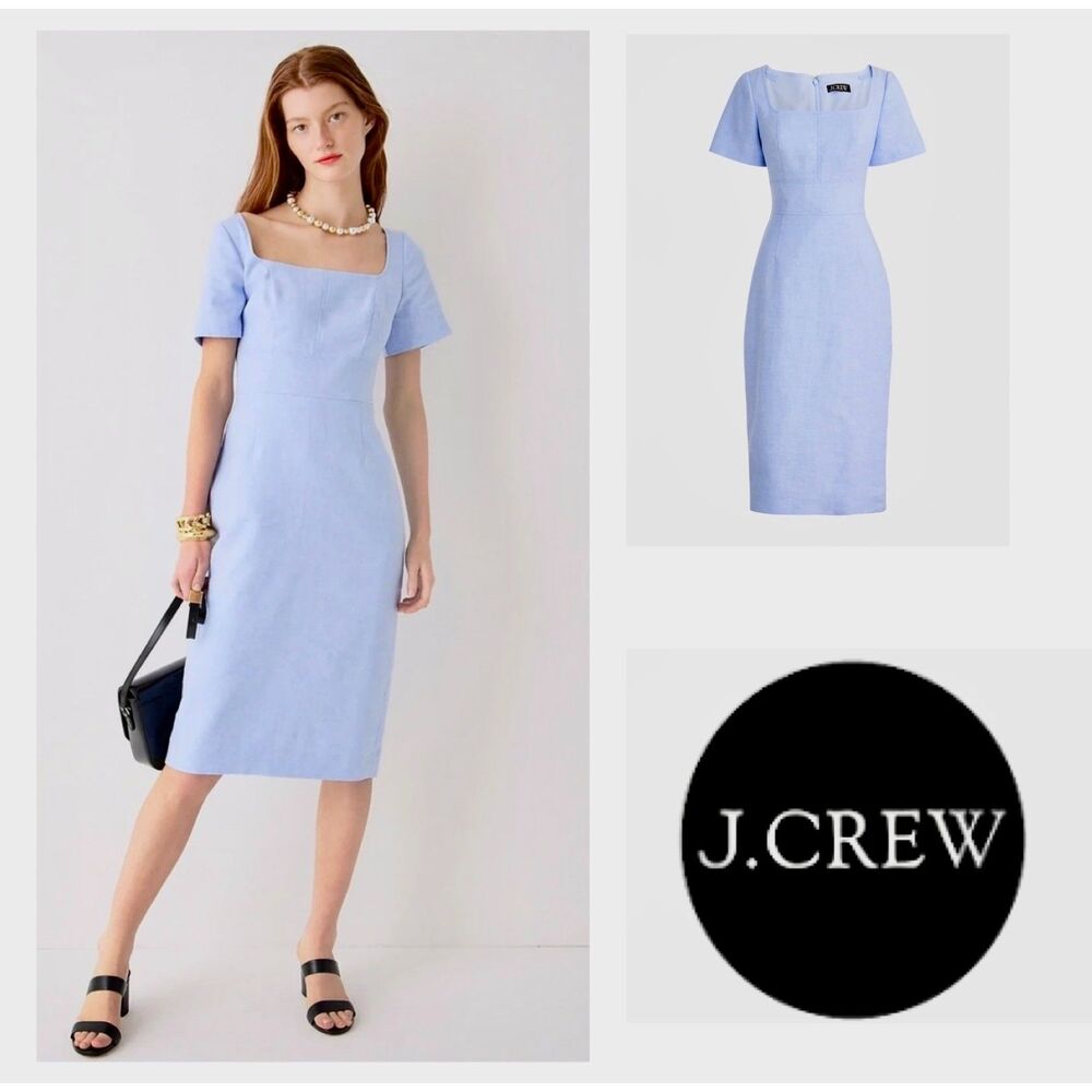 NWOT SZ 16 J. CREW Stretch Linen Square Neck Sheath Dress in Light Blue